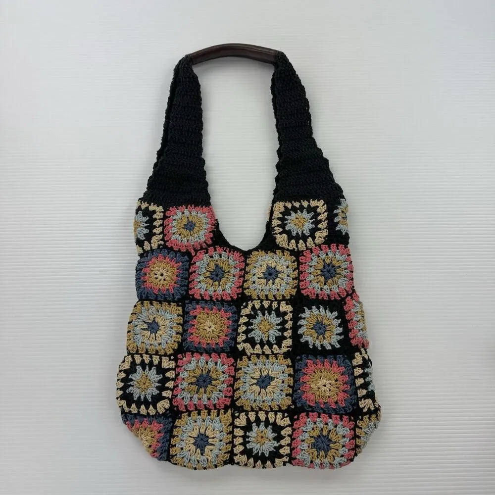 Free People Granny Square Crochet Tote Bag Black Multi Boho Leather Handle NWOT